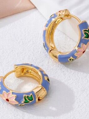 NEW! Classic Gold Lavender Floral Enamel Huggie Hoop Earrings - Women Jewelry